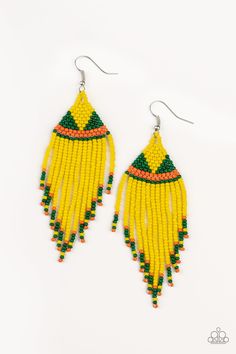 Strands of yellow, green, and orange seed beads colorfully weave into a vivaciously beaded fringe. Earring attaches to a standard fishhook fitting. Sold as one pair of earrings. P5SE-YWXX-096XX Hoop Earrings Diy, Fringe Earring, Beaded Jewelry Earrings, Beaded Earrings Tutorials, Seed Bead Tutorial, Beaded Earrings Patterns, Beaded Bracelet Patterns, Yellow Earrings, Earring Tutorial