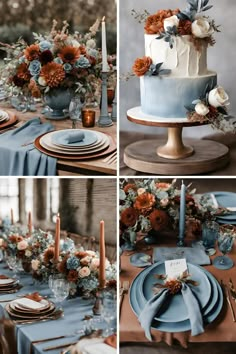 the table is set with blue and orange flowers, candles, plates and napkins