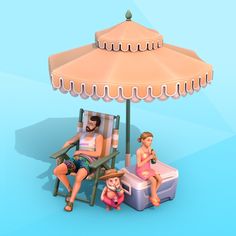 two people sitting under an umbrella with a child on the lawn chair next to them