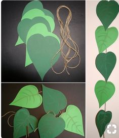 two pictures with green leaves and some string attached to them