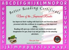 a pink frame with some books on it and the words'better reading certificate '