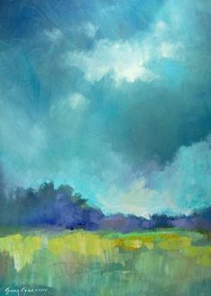 an abstract painting of blue and yellow clouds over a green field with trees in the distance