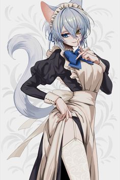 an anime character with white hair and blue eyes, dressed in black and white clothing