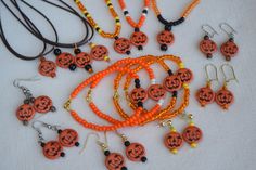 "These fun and unique necklaces, bracelets and earring sets makes a great addition to any Halloween costume. They are very nice and well made so you can wear them out or to the office to show that you are in the Halloween spirit. All of this jewelry will make a wonderful gift or party favor for Halloween. The beaded necklaces and bracelets are made with stretchy beading cord so it gives you a little flexibility in fit and makes them easy to put on and take off. I can also add a chain extension i Orange Novelty Halloween Jewelry, Handmade Adjustable Jewelry For Halloween, Halloween Handmade Novelty Jewelry, Orange Novelty Jewelry For Gifts, Orange Novelty Jewelry For Gift, Novelty Orange Jewelry For Gift, Halloween Novelty Jewelry With Round Beads, Novelty Beaded Jewelry For Halloween, Halloween Gift Jewelry With Round Beads