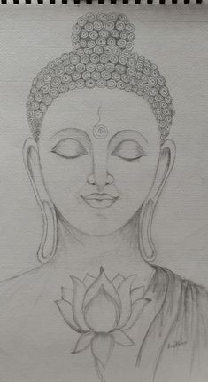 a pencil drawing of a buddha with a lotus flower in her hand and eyes closed