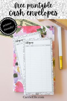 the free printable cash envelopes are on top of a pink floral notepad