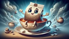 a cartoon character sitting in a teacup with his hands on the top of it