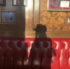 the shadow of a person sitting on a red leather couch in front of framed pictures