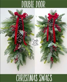 two christmas wreaths with red bows and pine cones hanging on the wall, both decorated in green and red