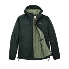 Made with a 1.5-oz. Cordura® ripstop nylon shell and insulated with 60g PrimaLoft® Gold, the Filson Ultra-Light Hooded Jacket is highly packable and surprisingly warm—made to be worn solo or as an insulating mid-layer in colder temperatures. Because PrimaLoft® Gold retains 98% of its warmth when wet, it boasts unmatched versatility in any weather. The full-length zipper has a zipper garage, so it’s comfortable when zipped all the way to the chin. The elastic cuffs and drawcord-adjustable hood and hem ensure a snug fit that seals in warmth, and zippered, Moleskin-lined handwarmer pockets add even more warmth and comfort. Features an interior zippered security pocket and a double layer of fabric over the yoke for durability. | Filson Ultralight Hooded Jacket DarkSpruce Size XS Midweight Nylon Windproof Windbreaker, Lightweight Windproof Nylon Windbreaker, Midweight Nylon Windbreaker Windproof, Lightweight Nylon Windproof Windbreaker, Lightweight Nylon Windbreaker For Hiking, Lightweight Windproof Hooded Outerwear, Outdoor Nylon Hooded Jacket With Fleece Lining, Lightweight Hooded Outerwear For Hiking, Hooded Nylon Outerwear For Camping