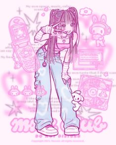 a drawing of a girl with long hair and bunny ears holding a cell phone in her hand