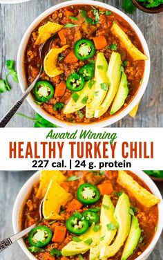 two bowls of healthy turkey chili with avocado