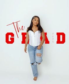 a woman standing in front of a red and white background with the words the gfod on it