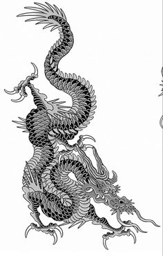 a black and white drawing of a dragon with its tail curled up in the air