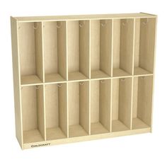 a wooden shelf with six cubbys on each side and four hooks in the middle