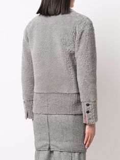 Designer Outerwear With Ribbed Collar And Long Sleeves, Designer Long Sleeve Outerwear With Ribbed Collar, Luxury Winter Cardigan With Button Cuffs, Designer Buttoned Sweater For Winter, Gray Wool Outerwear With Ribbed Cuffs, Contrasting Trim, Thom Browne, Contrast Trim, Cardigan Jacket