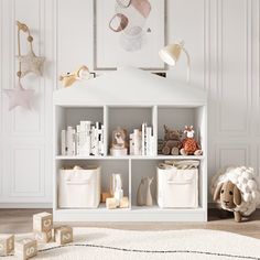 a white shelf filled with lots of toys in a living room next to a wall