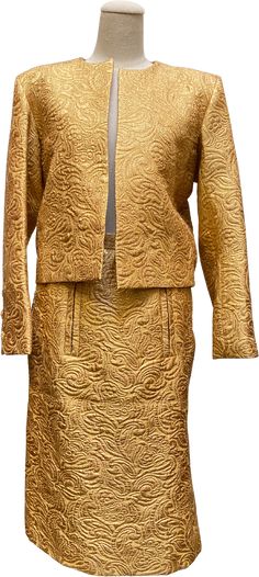 Vintage 80’s Yves Saint Laurent Gold Dress Suit | Shop THRILLING Gold Skirt, Bolero Jacket, Dress Suit, Suit Shop, Jacquard Fabric, Gold Dress, Dress Suits, Skirt Suit, Vintage Boutique