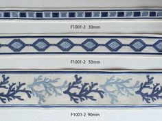 three different types of blue and white ribbons with designs on them, one is for sale