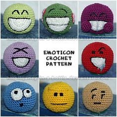 crocheted emoticon balls with different expressions on them, all in different colors