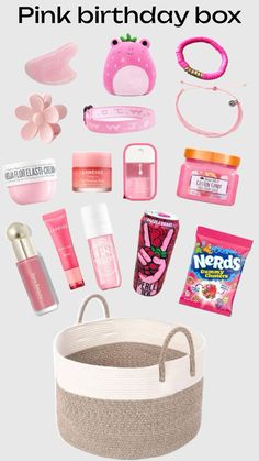 Birthday Box Brimming with Pink Delights!. Check it out! Pink Gift Basket, Girly Gifts Ideas, Custom Gift Ideas, Preppy Gifts