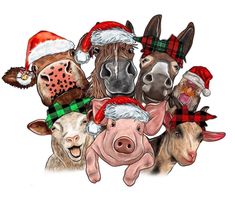 a group of farm animals wearing christmas hats