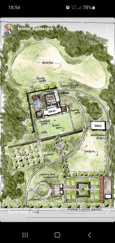 a drawing of a garden with lots of trees and plants on it, including the ground plan