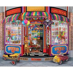 an image of a carnival store with clowns and cars