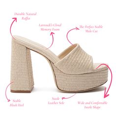 With retro vibes straight out of the 70s, we scream for these amazing new neutral—and beach-ready—mules that are going to be in seriously heavy rotation. Set on a considered platform base to ensure all-day comfort, the raffia is the one we've been waiting for. Product Details: Natural Beach Raffia Fabric Open round toe 4.5 inch block heel 1.5 inch platform Finely crafted leather sole for support, durability, and comfort Insole with memory foam cushion and hot stamp logo Peel off the protector be Retro Beige Heels For Summer, Retro Beige Summer Heels, Beige Mules With Padded Heel For Summer, Retro Cream Heels For Summer, Cream Retro Heels For Summer, Trendy Beige Mules With Removable Insole, Retro Platform Mules For Spring, Chic Summer Platform Mules, Retro Spring Platform Mules