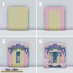 four different views of a pink and yellow building with flowers in the window sill