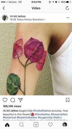 a tattoo with pink flowers on the left forearm and green leaves on the right arm