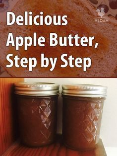 two jars of apple butter sitting on top of a wooden table