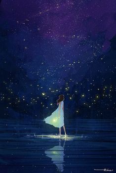 a woman is standing in the water looking up at the stars