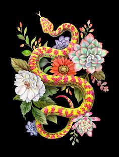 a painting of a snake with flowers and succulents