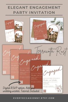 Engagement party invites show 4 shades of terracotta rust color options for the background as well as a white background with terracotta rust text and graphics. Shows options for mix and match colors. Engagement Invites, Rust Wedding, Rusting Wedding, Wildflower Photo, Seller Tips, Dusty Peach, Wedding Palette