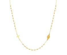 Subtle, close to the neck rosary necklace crafted in 14K Yellow Gold. This is a full rosary but it is 17" inches. Balls measure 2.0mm each. The miniature Miraculous medal measures 7.0mm x 5.7mm and the cross measures 8.0mm x 6.0mm. Yellow Gold Crucifix Necklace Spiritual, Yellow Gold Crucifix Necklace With Delicate Chain, Spiritual 14k Gold Crucifix Necklace, Spiritual Yellow Gold Crucifix Necklace, Elegant Yellow Gold Rosary With Crucifix, Yellow Gold Cross Necklace With Miraculous Medal, Yellow Gold Cross Rosary As Gift, Gold Rosary Necklace, Scapular Necklace