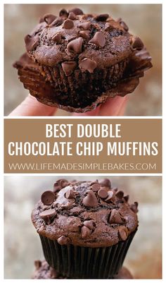 chocolate chip muffins are stacked on top of each other with the words best double chocolate chip muffins