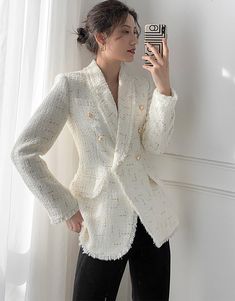 This women's blazer boasts a classic shawl collar and sophisticated double-breasted buttons, while adding a unique touch of elegance with tassel trim on the collar, cuffs, and bottom hem. Made from luxurious tweed fabric for a timeless look. ●Shawl collar●Long sleeves●Double breasted button closure●Polyester, cotton and spandex●Machine wash, line dry★★Please advise your Height and Weight, I will make sure you choose the right size. Elegant Long Sleeve Double-breasted Tweed Jacket, Elegant Long Sleeve Tweed Jacket With Double-breasted Buttons, Elegant Double-breasted Tweed Jacket For Office, Elegant Double-breasted Tweed Office Jacket, Elegant Office Tweed Jacket With Double-breasted Buttons, Elegant Double-breasted Tweed Jacket, Tweed Long Sleeve Double-breasted Blazer, Tweed Double-breasted Long Sleeve Blazer, Long Sleeve Tweed Blazer With Double-breasted Buttons