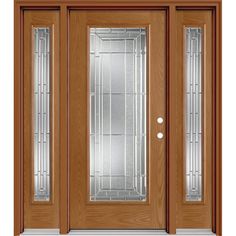 a wooden door with glass panels on the front and side doors, both in light wood