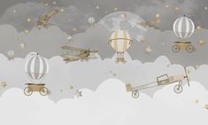 an illustration of hot air balloons and airplanes flying in the sky with stars on them