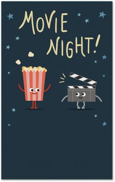 a movie night poster with two popcorns and a film clapper in the background