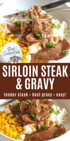 a plate with steak and gravy on it