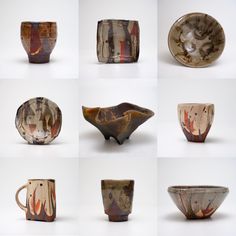 many different bowls and cups are shown in this set, including one with a bird on it