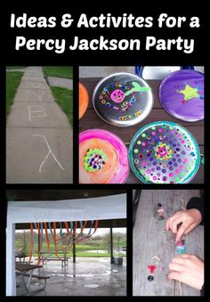 there are pictures of activities for a perkyjackson party with the words ideas & activities for a perkyjackson party