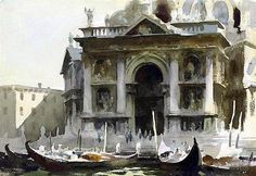 an artistic painting of gondolas in front of a building with columns and arches