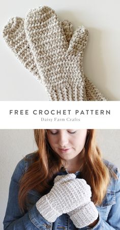 a woman in denim jacket and white knitted mitts with text overlay that reads free crochet pattern daisy farm crafts