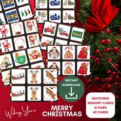 merry christmas cards are on display next to a red bow and evergreen tree with decorations