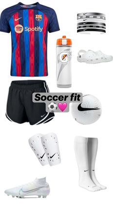 a soccer uniform and other items are arranged in the shape of a ball, boot, jersey