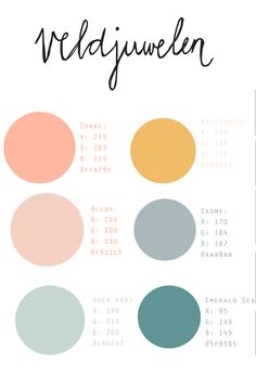 the color palette for weddjewelen is shown in different shades and sizes