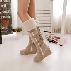 Winter Wedges, Ladies Long Boots, Knee High Boots Winter, Tassel Lace, Fur Snow Boots, Warm Winter Boots, Knee Length Boots, Wedge Heel Boots, Fashionable Snow Boots